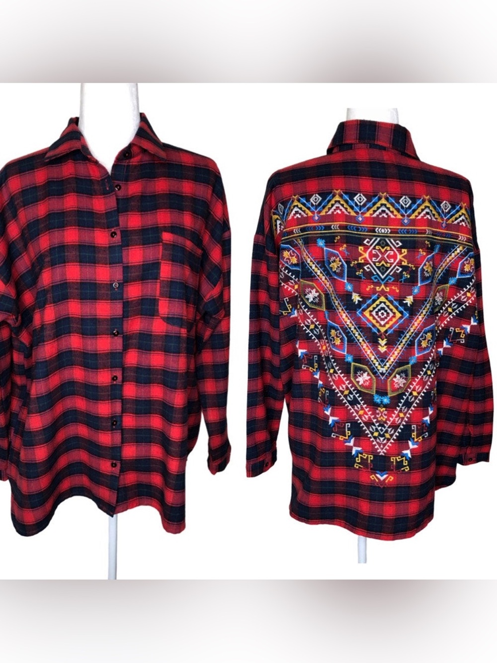 Umgee Red and Black Plaid Button-Down Shirt with Embroidered Detail